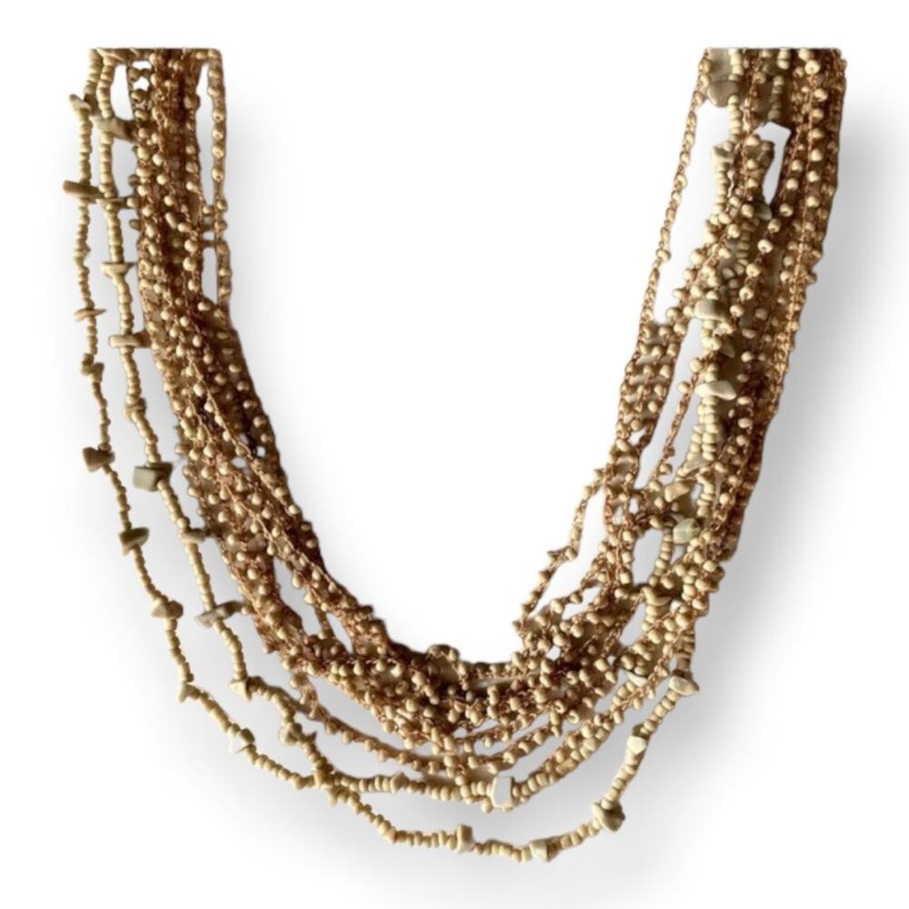 NY multi-strand neutral tone bead and thread necklace
